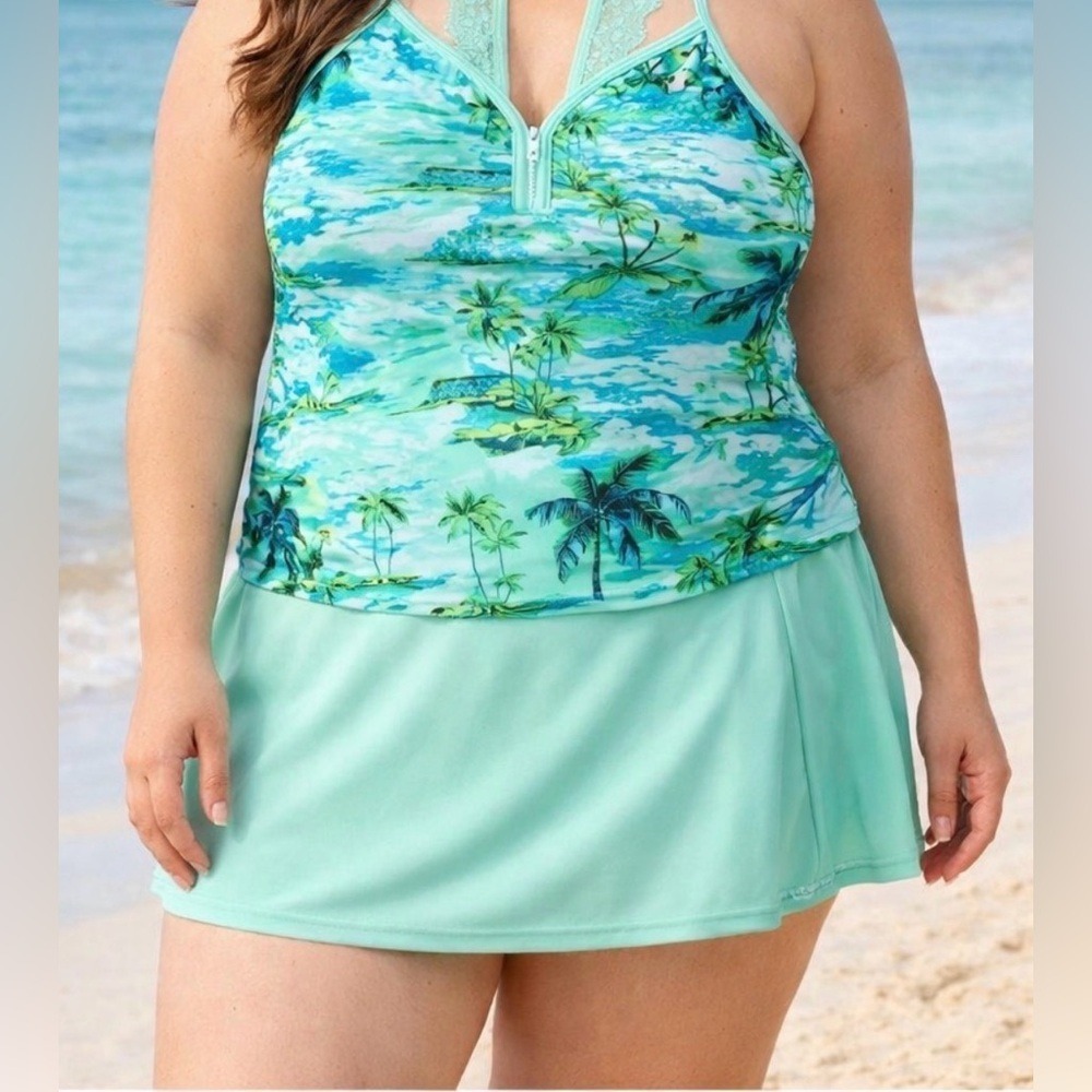 ZeroXposur 3 Piece Tankini Swimsuit Set Tropical Palm Print Teal XL 18.5 Plus - Picture 7 of 8